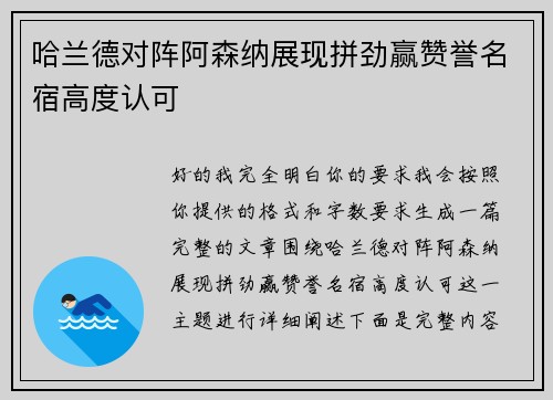 哈兰德对阵阿森纳展现拼劲赢赞誉名宿高度认可