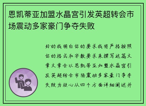 恩凯蒂亚加盟水晶宫引发英超转会市场震动多家豪门争夺失败