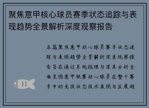 聚焦意甲核心球员赛季状态追踪与表现趋势全景解析深度观察报告