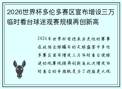 2026世界杯多伦多赛区宣布增设三万临时看台球迷观赛规模再创新高
