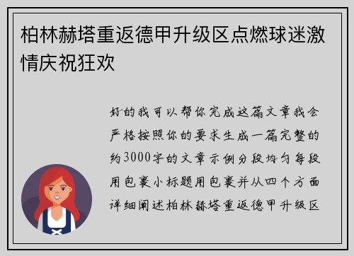 柏林赫塔重返德甲升级区点燃球迷激情庆祝狂欢