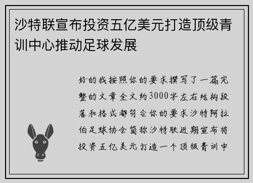 沙特联宣布投资五亿美元打造顶级青训中心推动足球发展 沙特联宣布投资五亿美元打造顶级青训中心推动足球发展